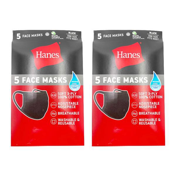 Two packs of Hanes Cotton Fabric Reusable Washable Comfortable Face Mask (2-pack), featuring black, adjustable cotton masks with moisture-wicking fabric and adjustable nosepieces for comfort.